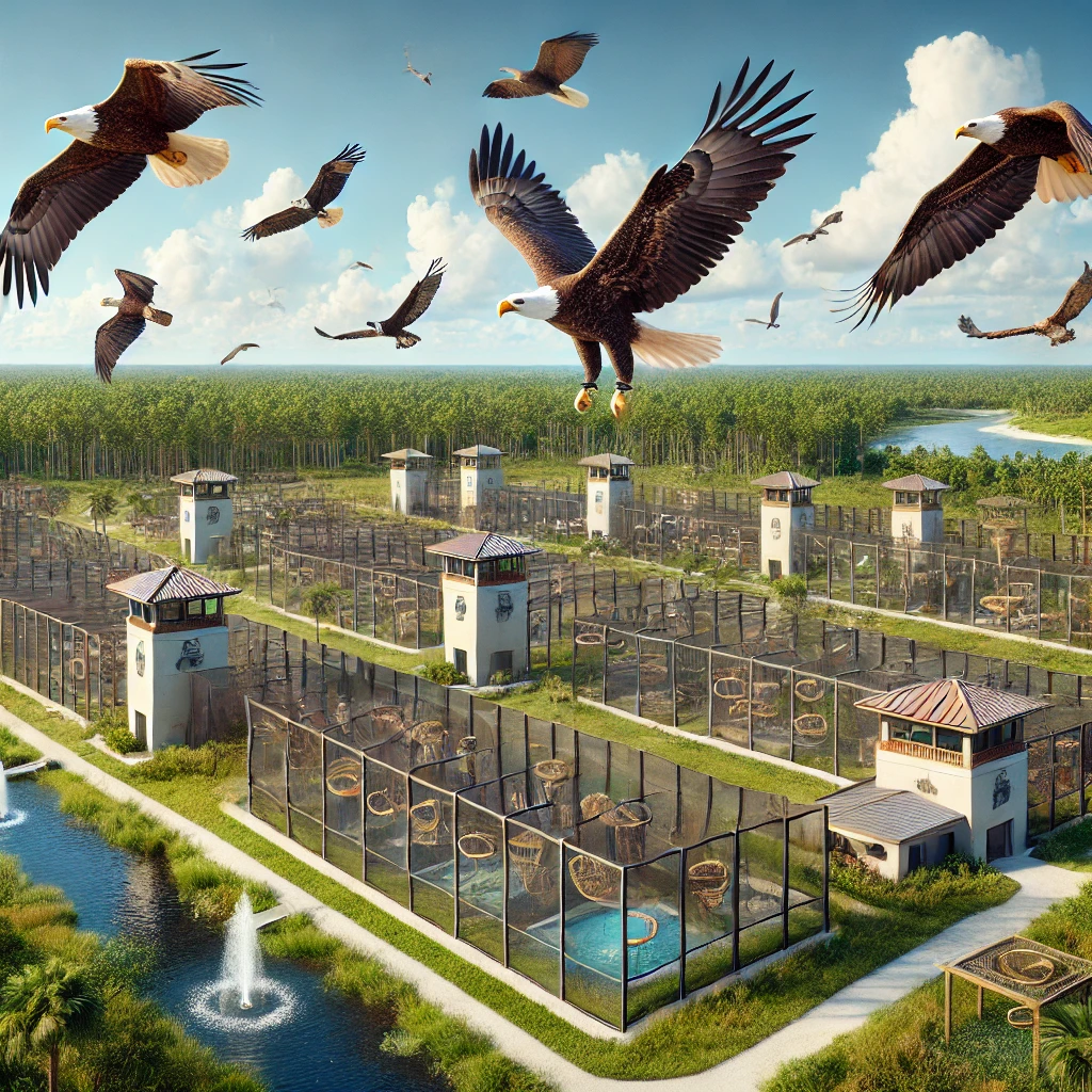 "The Audubon Center for Birds of Prey in Maitland, Florida, where injured raptors are rehabilitated and released." The image shows the Audubon Center in Florida, with enclosures and facilities designed for bird rehabilitation. Bald eagles, ospreys, and hawks are visible, symbolizing the center’s efforts in raptor conservation. Audubon Center for Birds of Prey Maitland, Florida with rehabilitating raptors.