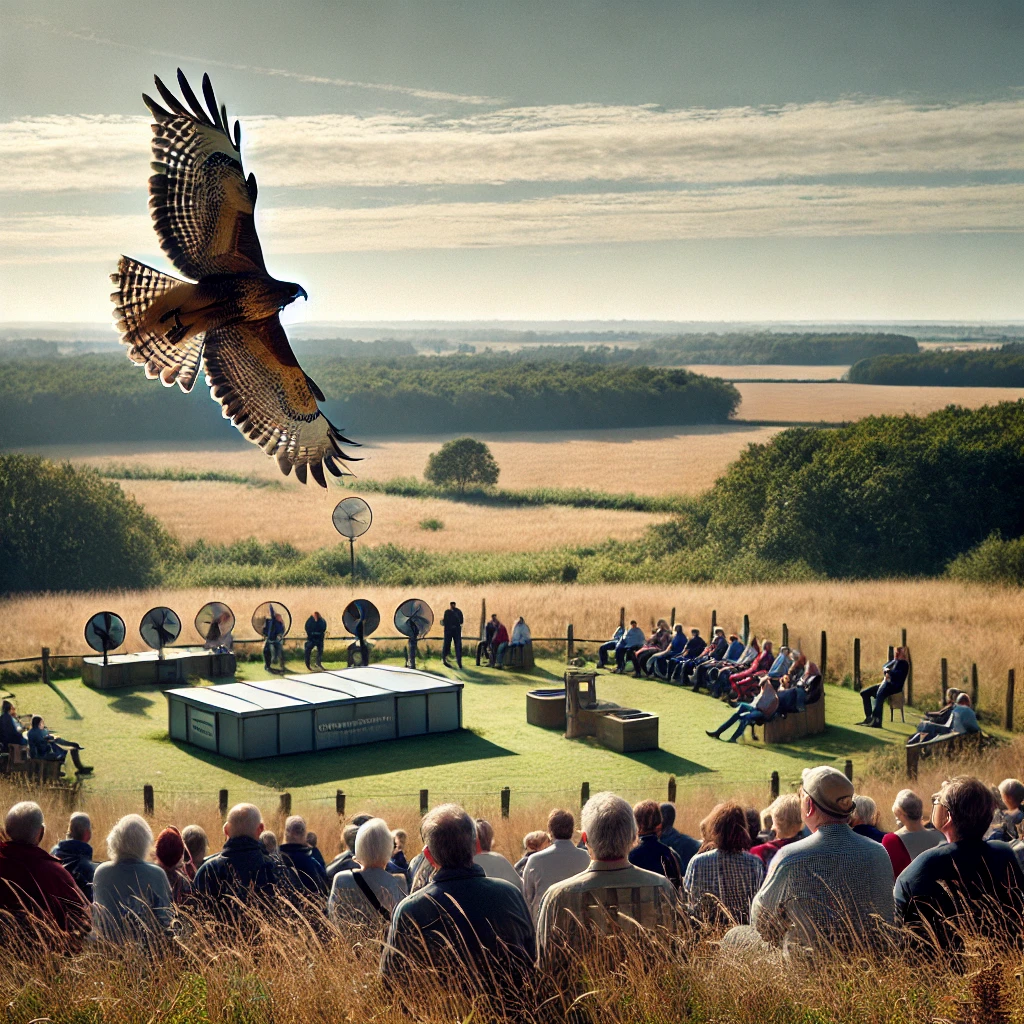 Hawk Conservancy Trust Bird of Prey Centre with flying demonstration. The image captures a raptor in mid-flight during a demonstration at the Hawk Conservancy Trust. The setting includes an audience watching the bird against the backdrop of open fields and woodland, highlighting the educational aspect of the center.