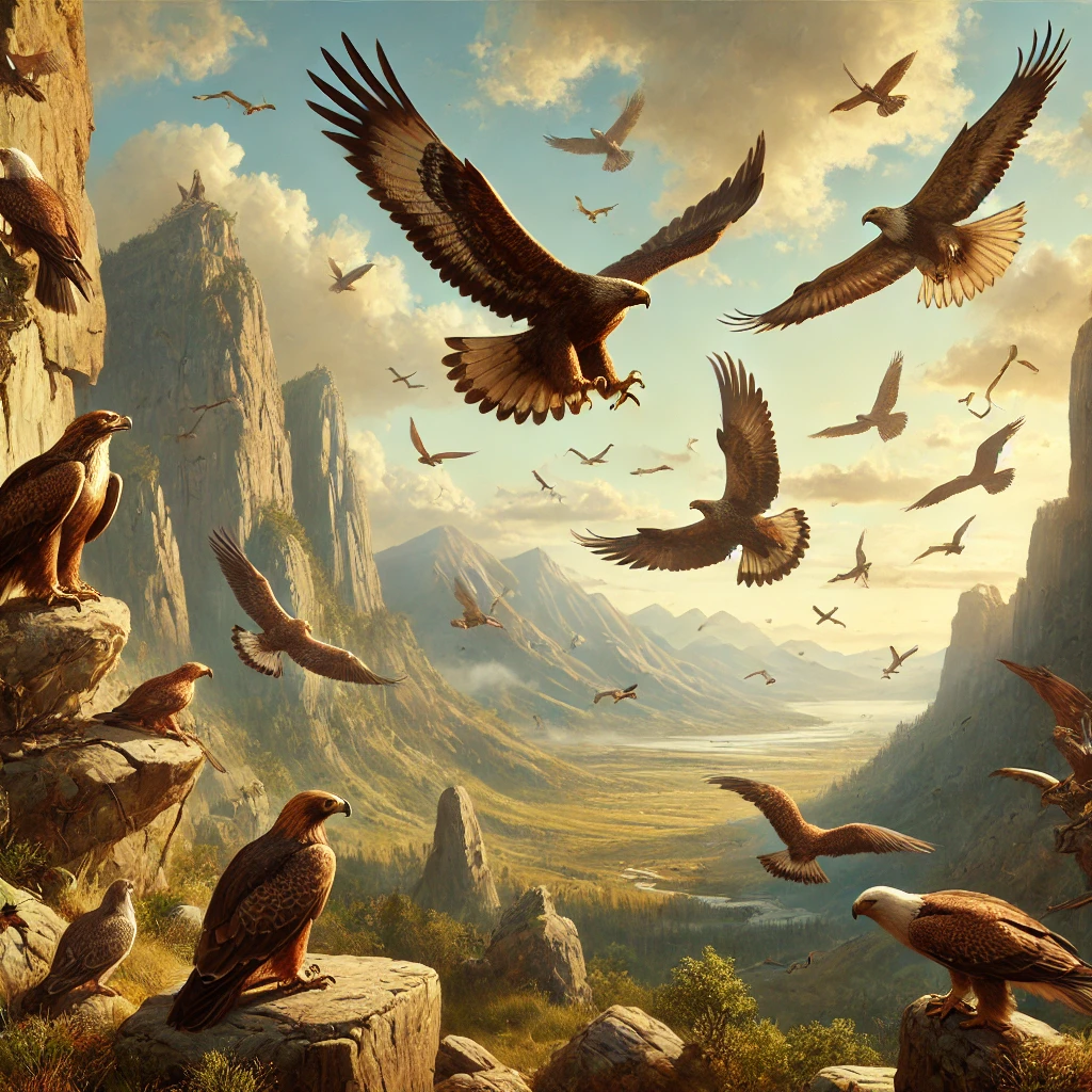 Birds of Prey in their natural habitat soaring through the sky. An image depicting a natural habitat where birds of prey are observed. Eagles and falcons can be seen soaring over mountains or perched on cliffs, demonstrating their majestic presence in the wild.